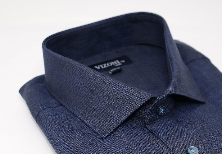 Navy blue linen dress shirt col