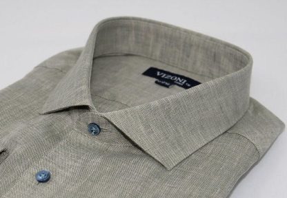 Olive green linen dress shirt col