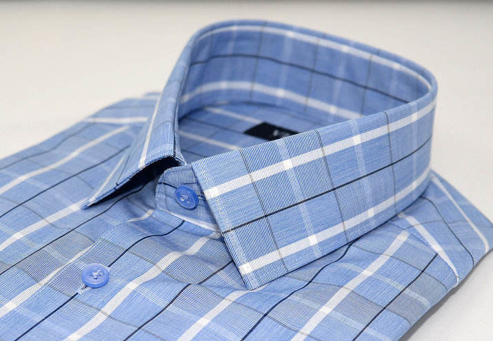 Blue with double windowpane check dress shirt col